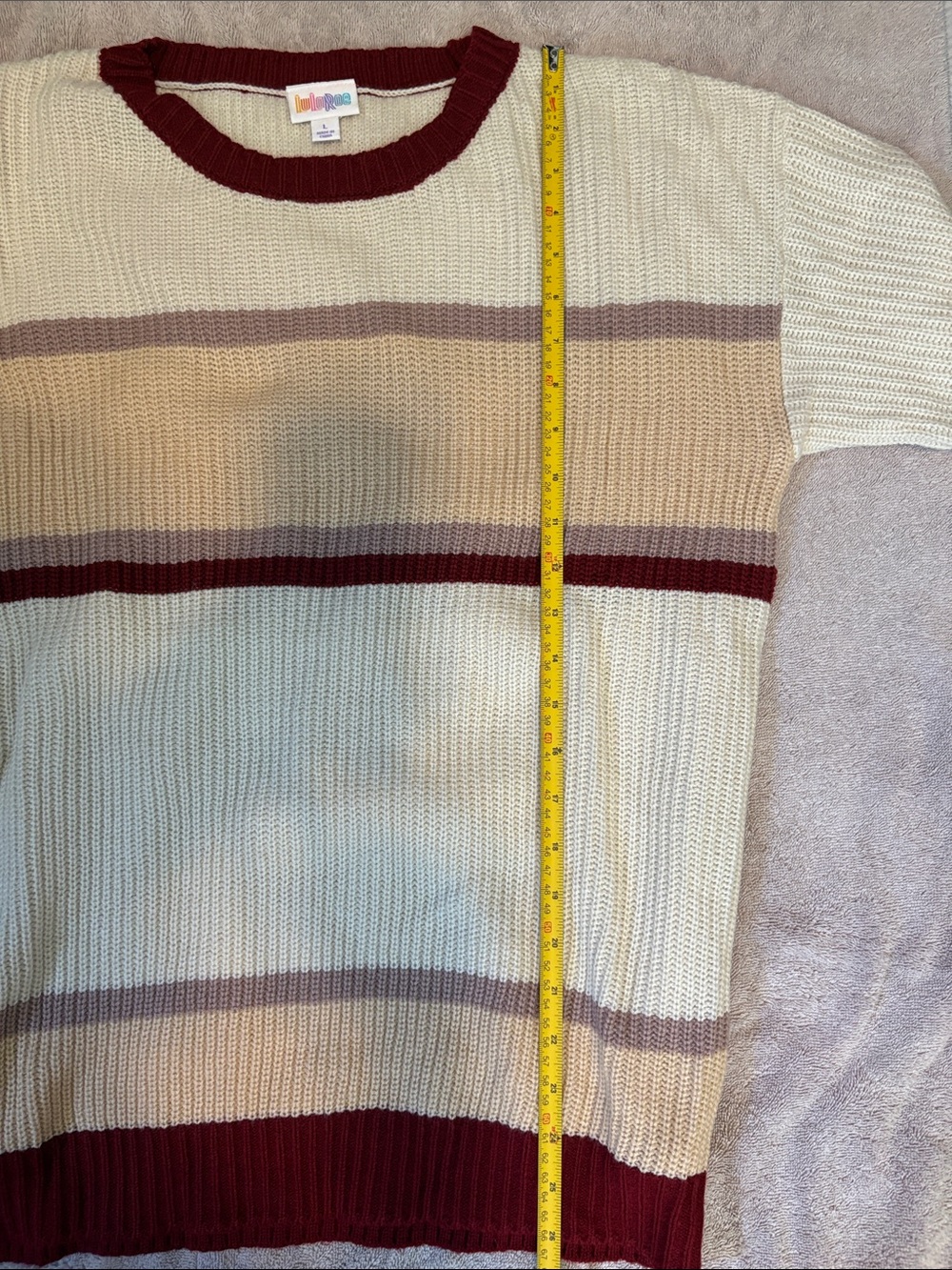 Lularoe Mariah Light Cream and Burgundy Striped Knit Sweater - Picture 5 of 6